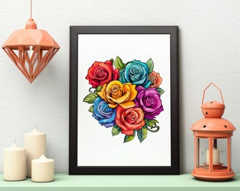 Rainbow Roses Wall Art: Colorful Floral Print (Digital Art)