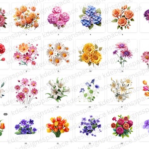 Op de afbeelding: Een verzameling van 24 verschillende bloemboeketten, elk met een verscheidenheid aan kleuren en stijlen. De boeketten omvatten pioenen, zonnebloemen, lelies, tulpen, hortensia's en meer.