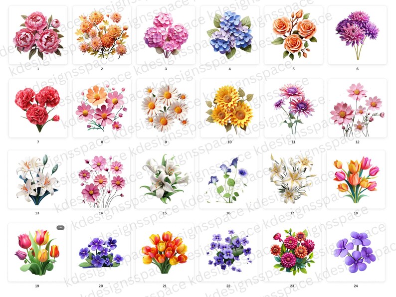 Op de afbeelding: Een verzameling van 24 verschillende bloemboeketten, elk met een verscheidenheid aan kleuren en stijlen. De boeketten omvatten pioenen, zonnebloemen, lelies, tulpen, hortensia's en meer.