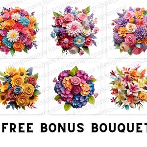 Op de afbeelding: Zes papieren bloemenboeketten in verschillende kleuren en stijlen. De boeketten bevatten roze, paarse, gele, oranje, rode en blauwe bloemen.