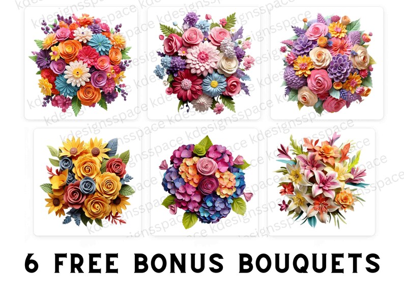 Op de afbeelding: Zes papieren bloemenboeketten in verschillende kleuren en stijlen. De boeketten bevatten roze, paarse, gele, oranje, rode en blauwe bloemen.