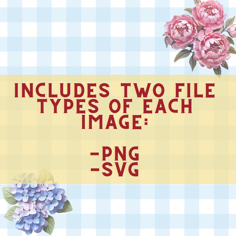 Op de afbeelding: Een digitale download van twee bestandstypen, PNG en SVG, van een bloemenontwerp met roze en witte bloemen en blauwe en paarse bloemen. De tekst "INCLUDES TWO FILE TYPES OF EACH IMAGE: -PNG -SVG" wordt weergegeven op een gele en blauwe ruitjesachtergrond.