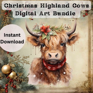 Highland Cows Christmas png file bundle, Printable Christmas png, Christmas clip art, 5 Christmas Printable Designs highland cow png bundle