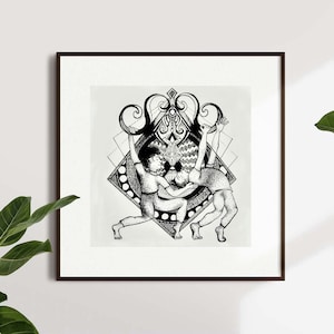 May include: Black and white line art print of two figures in a stylized pose, framed in a dark brown frame. The figures are surrounded by intricate geometric patterns.