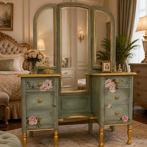 SOLD!!!!! *** Please do not buy!!!*** Hand-Painted French Provincial Vanity: Mint Green Floral Design, Tri-Fold Mirror, Gold Trim