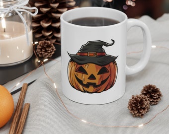 Jack-O-Lantern Witch Hat Halloween Ceramic Coffee Mug, Halloween Coffee Mug, Pumpkin Head Witch Hat Mug, Pumpkin Jack-O-Lantern Coffee Mug