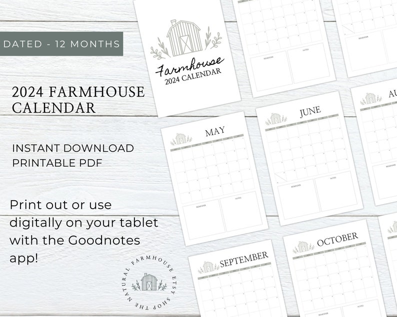 2024 Farmhouse Calendar Monthly Calendar Minimal Calendar Etsy