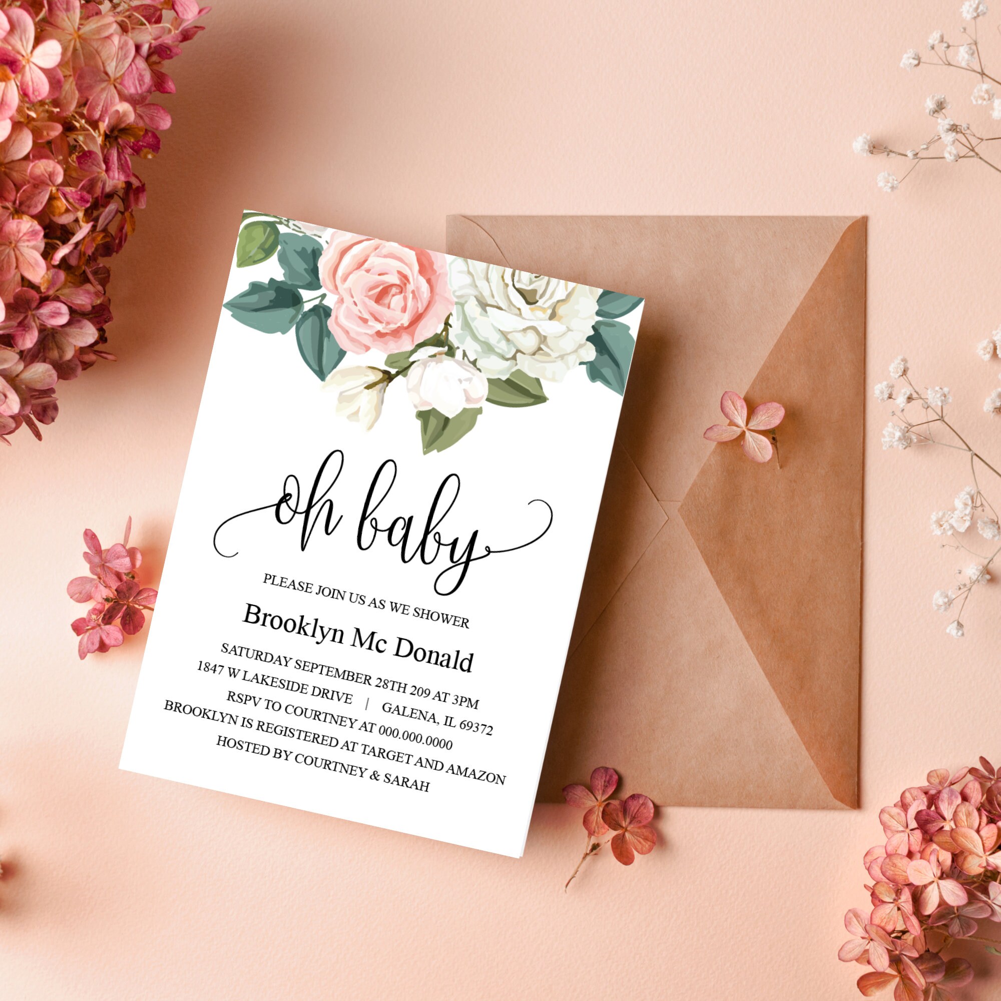 Editable Baby Shower Invitation, Printable, Greenery-oh-baby - Etsy