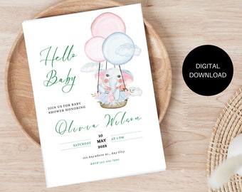 Editable Baby Shower Invitation, Printable,  Elephant , Animal