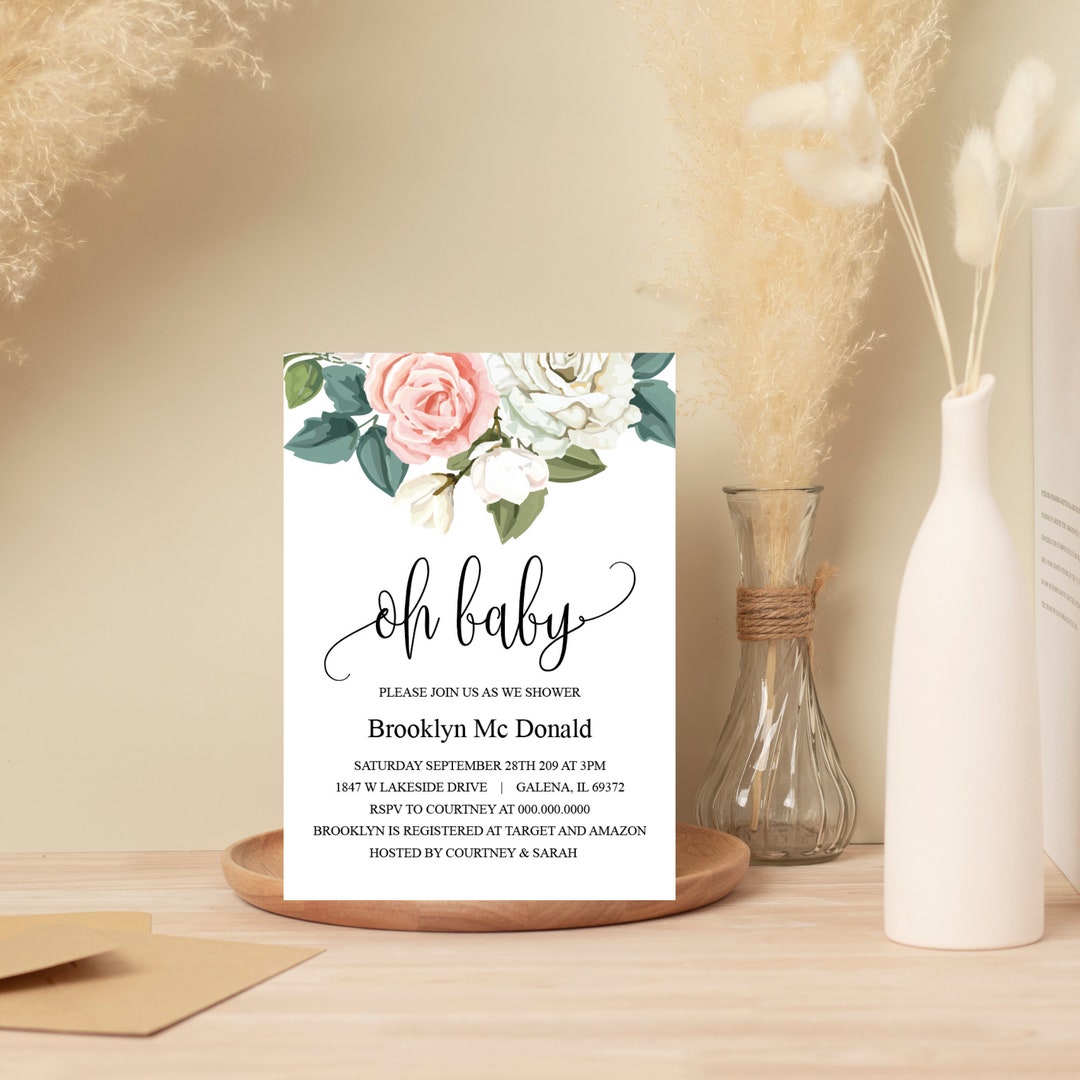 Editable Baby Shower Invitation, Printable, Greenery-oh-baby - Etsy