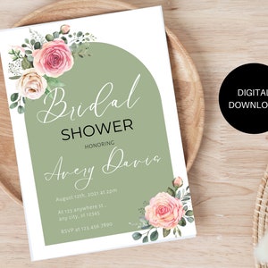 Editable Bridal Shower Invitation, Printable, Green and White Arch Border Design with Floral- Bridal Shower Invitation