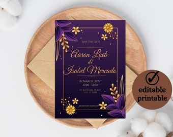 Floral Save the Date Wedding Card Template Modern Purple and Gold Aesthetics , Printable