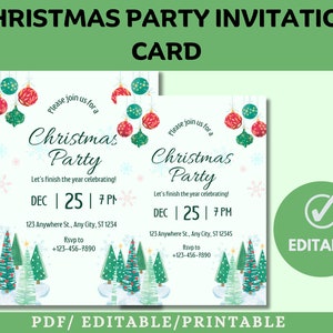 Bearbeitbare Weihnachtseinladungskarte - Grüne Illustrative Weihnachtsfeiereinladung