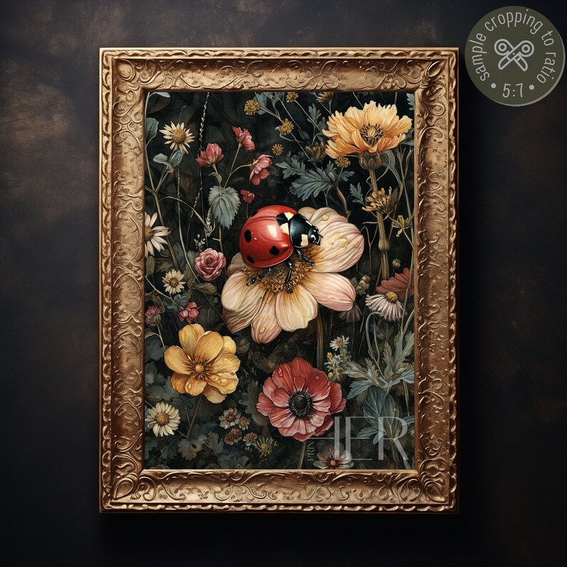 Ladybug Floral Print, Dark Cottagecore Botanical Art (digital Download ...