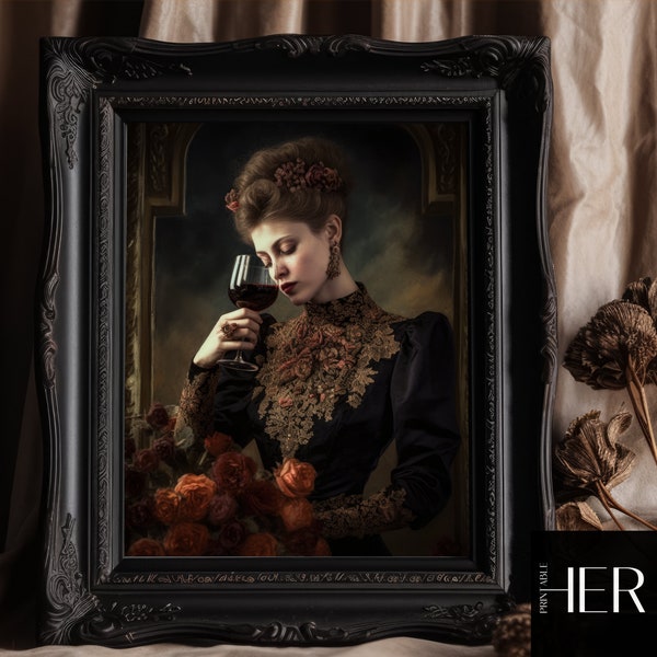 Woman Wine contemplation - Moody Vintage Victorian Oil painting Dark Academia Cottagecore Floral Printable digital download Wall Art Decor