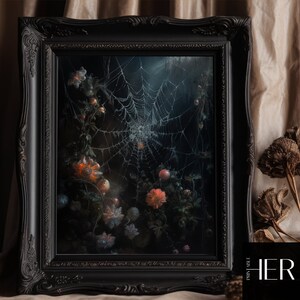 Spider web in Woods Dark Forest Cottagecore Academia Botanical Gothic Floral Wall Art Decor Moody Vintage Oil painting Printable download