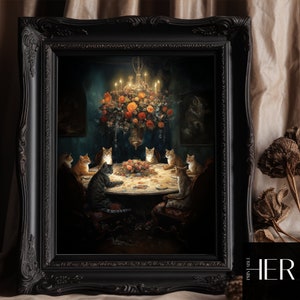 Katzensabbat im viktorianischen Herrenhaus Dark Academia Cottagecore Antikes Ölgemälde Moody Wall Art Dekor Vintage Interior Szene Druckbare Kunst