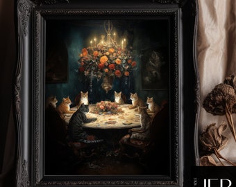 Cat sabbath in Victorian Mansion Dark Academia Cottagecore Antique Oil painting Moody Wall Art Decor Vintage Interior Scene Printable art