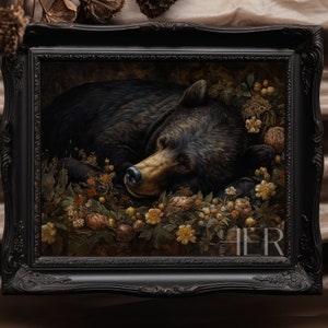 Brown Bear sleeping in Forest Dark Cottagecore Woodland Gothic Botanical Painting Wild Animal Wall Art Decor Antique painting Printable art