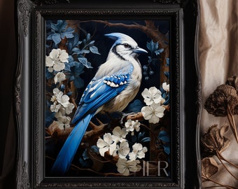 Floral Blue Bird Painting Dark Cottagecore Academia Gothic Botanical Wall Art Wild Animal Print Witch Decor Antique painting Printable art