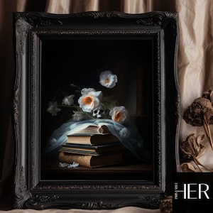 Skeleton head and books - Dark Academia Halloween Decor Cottagecore Botanical Gothic Moody Wall Art Oil painting Printable digital download