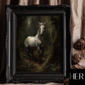 Wild White Horse in Deep Forest core Dark Cottagecore Academia Floral Botanical Wall Art Decor Moody Oil painting Printable digital Download