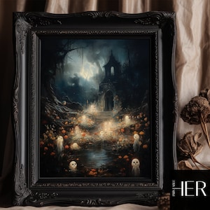Ghost and Haunted church - Dark Academia Halloween Decor Cottagecore Botanical Gothic Moody Wall Art Oil painting Printable digital download
