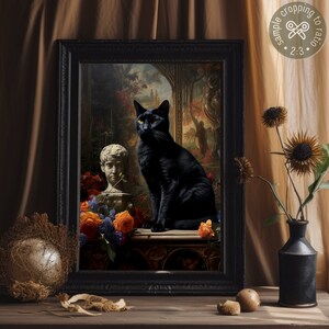 Gothic Black Cat in Victorian mansion Printable Wall Art Decor will indulge in dark academia aesthetic. Moody animal digital wall art of a black cat sitting next to a classical sculpture surrounded by moody flowers in an abandoned Victorian mansion