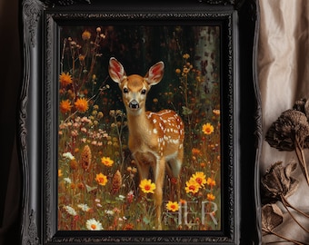 Deer Doe in Meadow Dark Cottagecore Rustic Farmhouse Decor Academia Painting Moody Vintage Oil Painting Animal Wall Art Digital Download