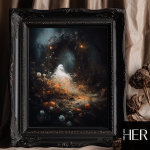 Ghost and Haunted Garden - Dark Academia Halloween Decor Cottagecore Botanical Gothic Moody Wall Art Oil painting Printable digital download