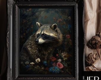 Raccoon in Dark Forest Floral Vintage Oil Painting (Printable Art)