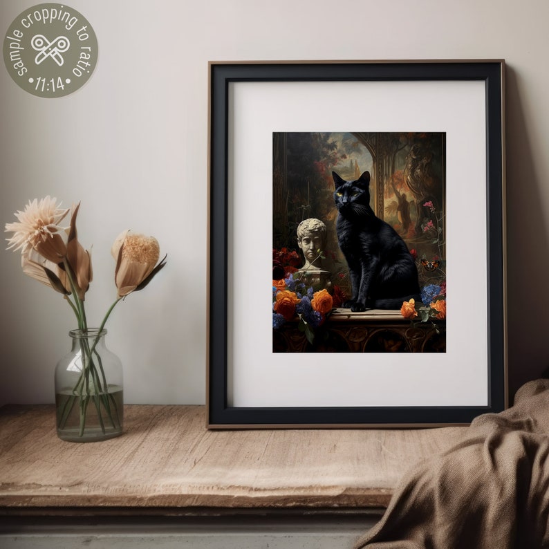 Gothic Black Cat in Victorian mansion Printable Wall Art Decor will indulge in dark academia aesthetic. Moody animal digital wall art of a black cat sitting next to a classical sculpture surrounded by moody flowers in an abandoned Victorian mansion