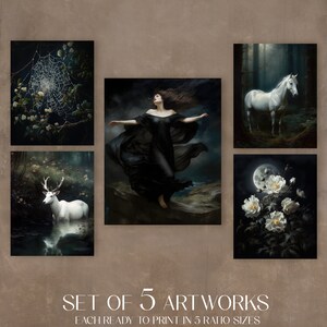 Moody Printable Gallery Wall 5 Mythical woman n white horse Dark Academia Cottagecore Gothic Decor Whimsical Wiccan Art Vintage Oil painting