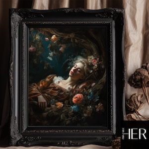 Tired Woman sleeping under Tree Dark Forest core Cottagecore Academia Floral Gothic Wall Art Decor Moody Vintage Oil painting Printable art