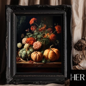 Autumn Pumpkins Farmhouse Dark Cottagecore Botanical Still life Rustic Wall Art Fall Decor Antique Moody oil painting Vintage Printable art
