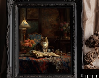 Victorian Cat Reading Print | Dark Academia Cottagecore Wall Art (Digital Download)