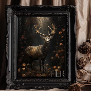 Dark Cottagecore Deer Print, Autumn Botanical Wall Art (Digital Download)
