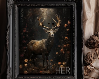 May include: A framed print featuring a majestic deer with large antlers, set against a dark, floral background. The artwork is enclosed in a black, ornate frame, creating a vintage aesthetic. The deer is the focal point, with warm tones contrasting the darker backdrop.