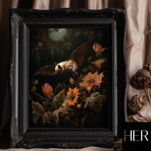 Victorian Bat Orange Flowers Dark Cottagecore Academia Gothic Floral Botanical Animal Wall Art Decor Moody Retro Oil painting Printable art