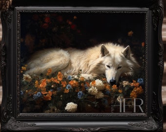White Wolf Sleeping in Dark Botanical Forest Painting (Digital Download)