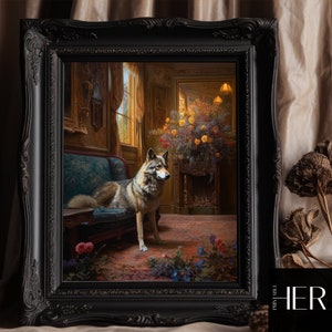 Wolf on sofa Victorian Mansion Dark Cottagecore Forest Academia Wildlife Vintage Antique Animal painting Moody Wall Art Decor Printable art