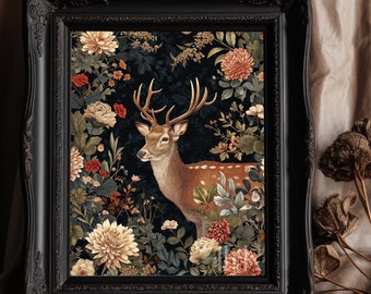 Deer and Flowers Botanical Print: Dark Cottagecore Wall Art (Digital Download)