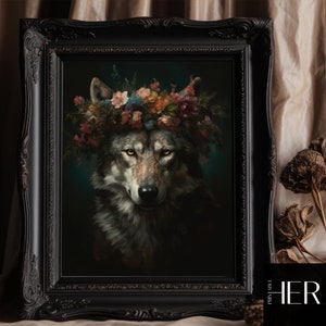 Moody Wolf in Flower crown Forest core Dark Cottagecore Academia Gothic Floral Botanical Fall Wall Art Decor Retro painting Printable art