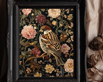 Sparrow and Roses Botanical Art Print: Dark Cottagecore Decor (Digital Download)
