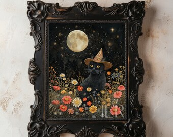Black Cat Witch Print: Full Moon Meadow Cottagecore Decor (Digital Download)