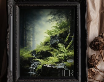May include: A framed painting of a lush green forest scene with a small waterfall flowing through the ferns. The painting is in a black ornate frame and the word "HER" is printed in white at the bottom.