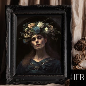 Skull Flower Crown Woman Portrait: Dark Academia Gothic Wall Art (Printable Download)