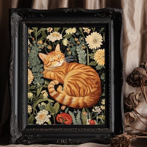 Cat and Flower Painting Dark Floral Art Cottagecore Academia Gothic Botanical Wall Art Decor Moody Morris style Digital Printable Poster Art