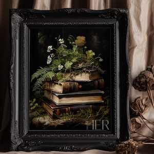 Pile of Books with Fern Dark Forest Cottagecore Academia Gothic Floral Botanical Wall Art Decor Moody Victorian oil painting Printable art
