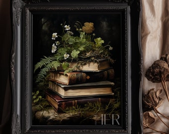 Pile of Books with Fern Dark Forest Cottagecore Academia Gothic Floral Botanical Wall Art Decor Moody Victorian oil painting Printable art